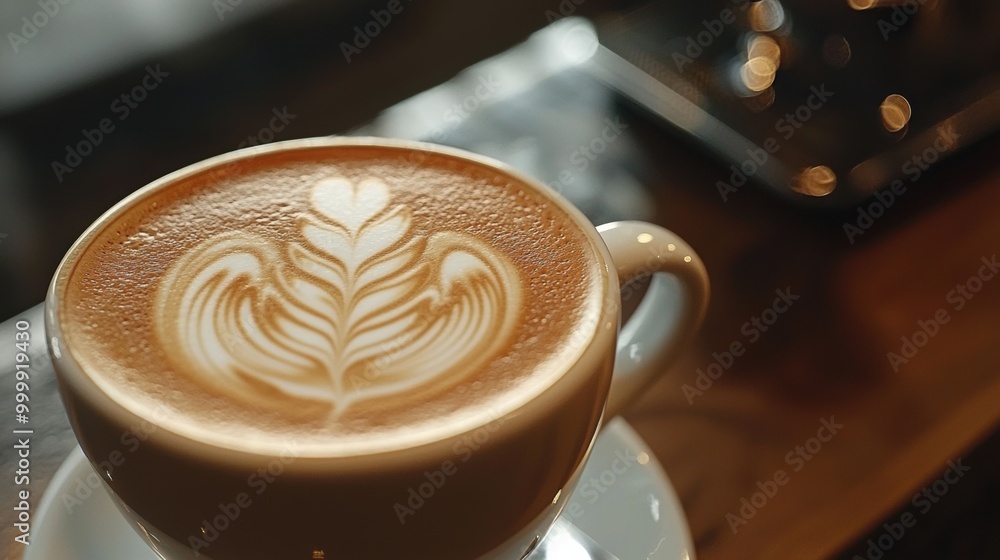 Close up of Latte or Cappuccino Coffee with Frothy Milk Foam in Cafe Setting Close up of Latte or Cappuccino Coffee with Frothy Milk Foam in Cafe Setting