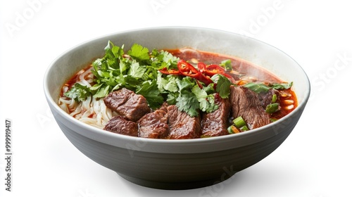 A steaming bowl of Thai boat noodles with beef, herbs, and chili, beautifully presented against a clean white background, highlighting the vibrant ingredients.