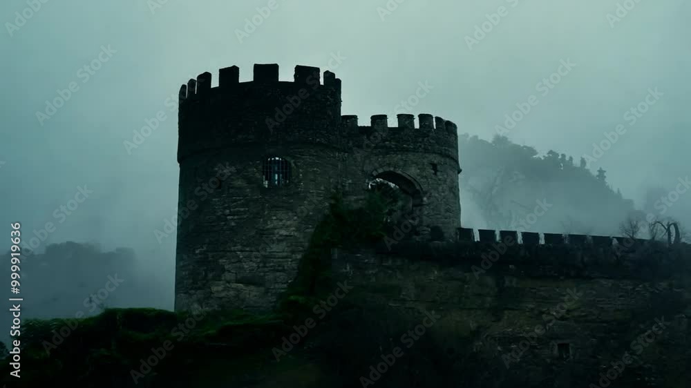 A stone tower covered in moss and shrouded in fog, with a wooden walkway leading up to it. A stone tower covered in moss and shrouded in fog, with a wooden walkway leading up to it.