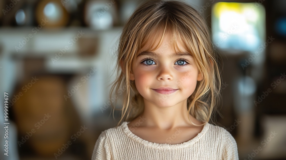 portrait of small girl indoors at home looking at camera portrait of small girl indoors at home looking at camera