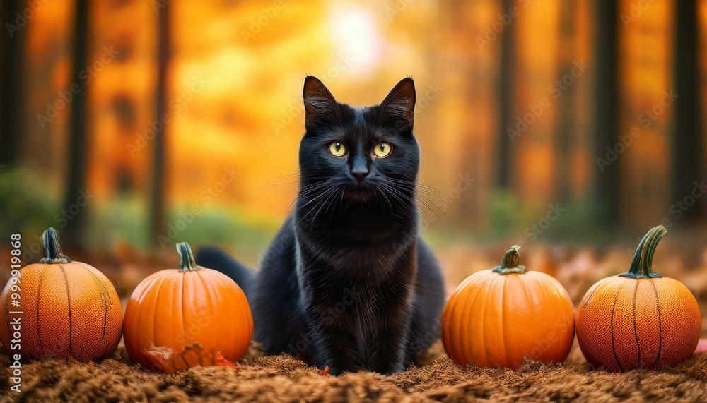black cat with pumpkins, fall scene black cat with pumpkins, fall scene