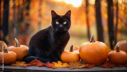 black cat with pumpkins, fall scene