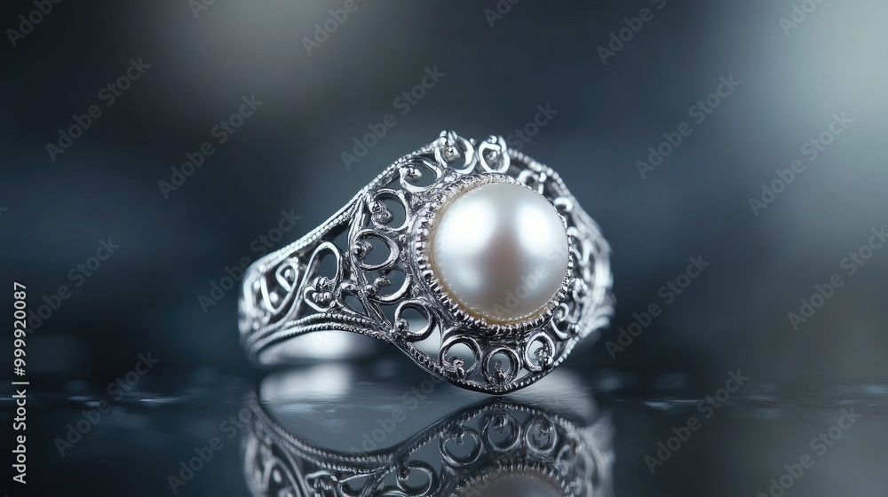 Naklejka premium A stunning pearl ring set in silver, with intricate detailing surrounding the central pearl, resting on a reflective surface to enhance its elegance.