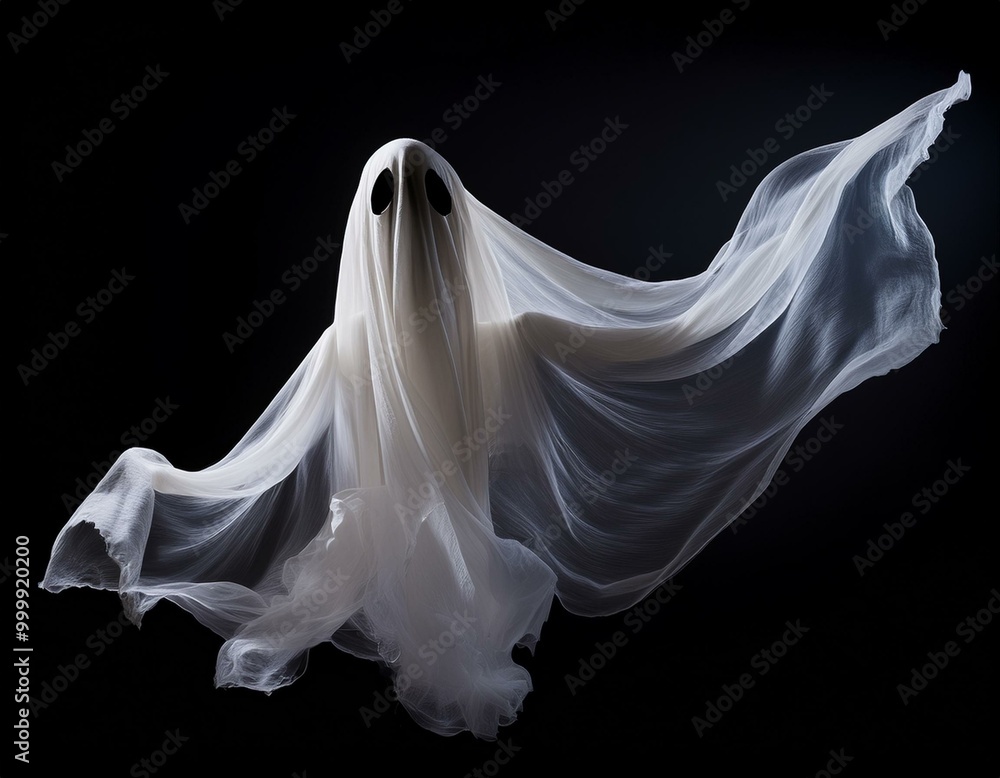 Floating white Ghost on black background, Halloween concept Floating white Ghost on black background, Halloween concept