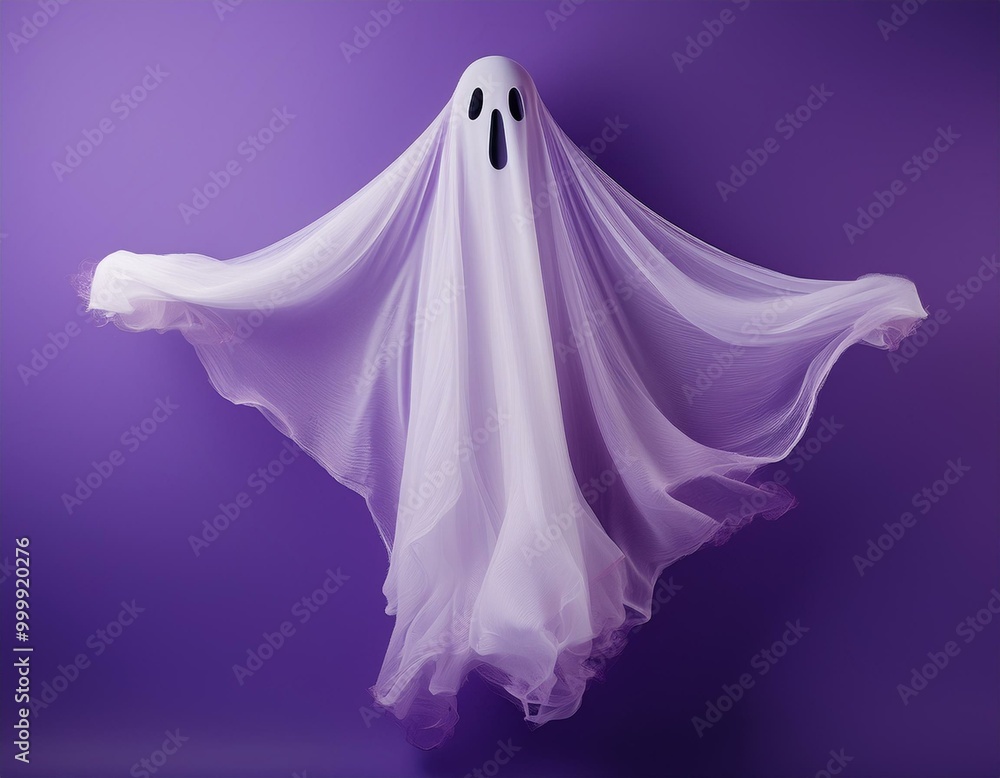 Floating white Ghost on purple background, Halloween concept Floating white Ghost on purple background, Halloween concept