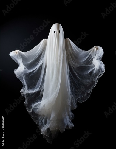 Floating white Ghost on black background, Halloween concept