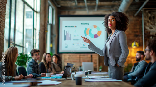 Businesswoman giving presentation to colleagues in modern office with large windows and graphs on screen. Ai generative.