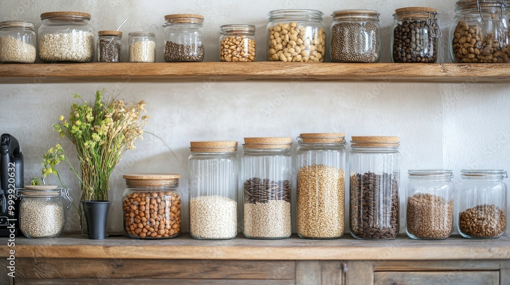 A stylish kitchen scene featuring jars of nuts and grains neatly arranged on shelves, emphasizing the aesthetic appeal of healthy food storage and preparation. A stylish kitchen scene featuring jars of nuts and grains neatly arranged on shelves, emphasizing the aesthetic appeal of healthy food storage and preparation.