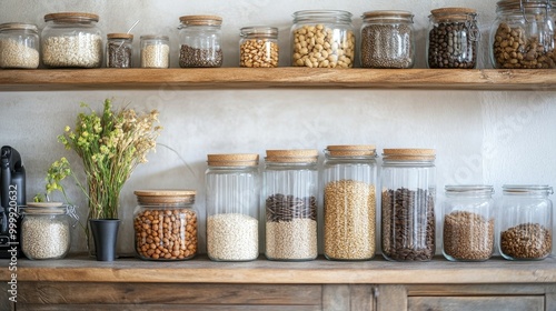 A stylish kitchen scene featuring jars of nuts and grains neatly arranged on shelves, emphasizing the aesthetic appeal of healthy food storage and preparation.