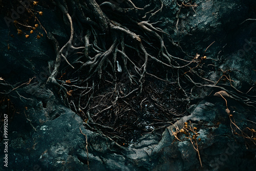 A close-up view of black ants traversing a dry, textured tree root amidst the soil and grass photo