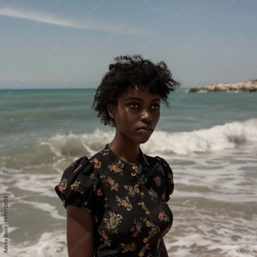 A young Black woman gazes thoughtfully while standing near the shore, waves crashing around her A young Black woman gazes thoughtfully while standing near the shore, waves crashing around her