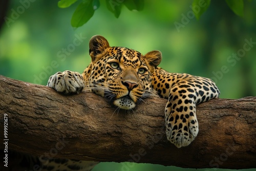 wild male leopard or panther or panthera pardus relaxing sitting on tree trunk branch in monsoon season safari and in natural scenic green background.generative ai