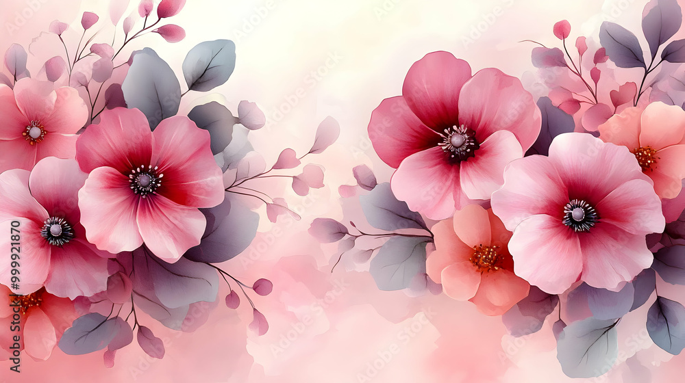 Pink Watercolor Flowers Blooming on a Soft Background Pink Watercolor Flowers Blooming on a Soft Background