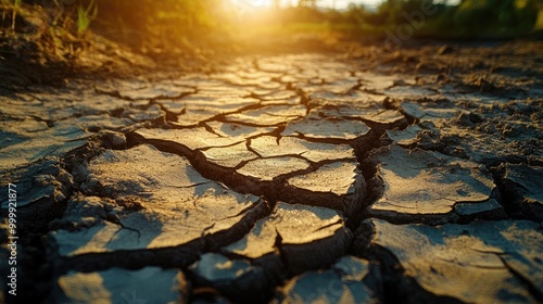 A thought-provoking image of a dried-up riverbed cracked under the sun, with parched earth and no water in sight, representing the severe droughts caused by climate change.