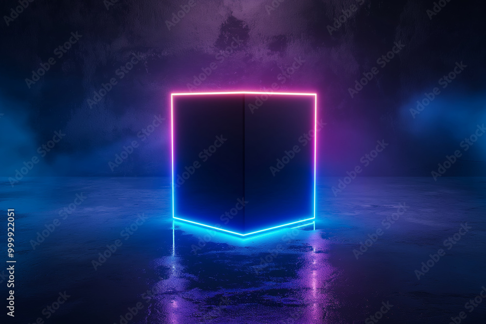 NeonIlluminated Dark Cube in a Foggy Environment Reflecting on Wet Floor NeonIlluminated Dark Cube in a Foggy Environment Reflecting on Wet Floor