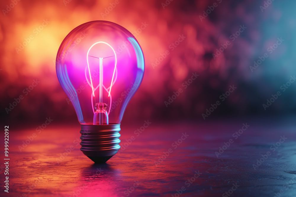 Vibrant Neon Light Bulb Against Colorful Gradient Backdrop Illuminating in Dark Vibrant Neon Light Bulb Against Colorful Gradient Backdrop Illuminating in Dark