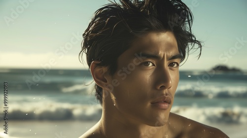 A handsome Asian man stands at the beach, showcasing his strong features and relaxed demeanor