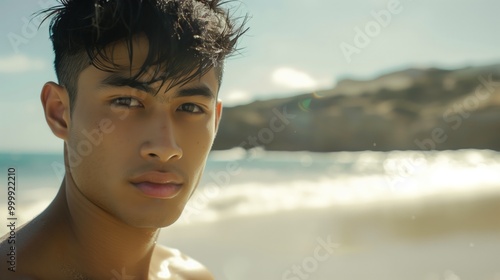 A young Asian man stands at the beach, gazing thoughtfully at the horizon while the waves crash gently