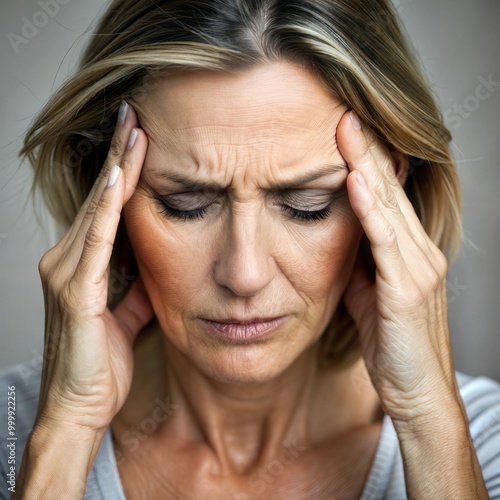 Middle aged woman with headache holds hands to temples, depression