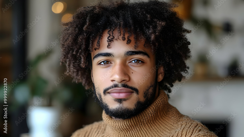 Man with Curly Hair Looking at Camera with Serious Expression Man with Curly Hair Looking at Camera with Serious Expression