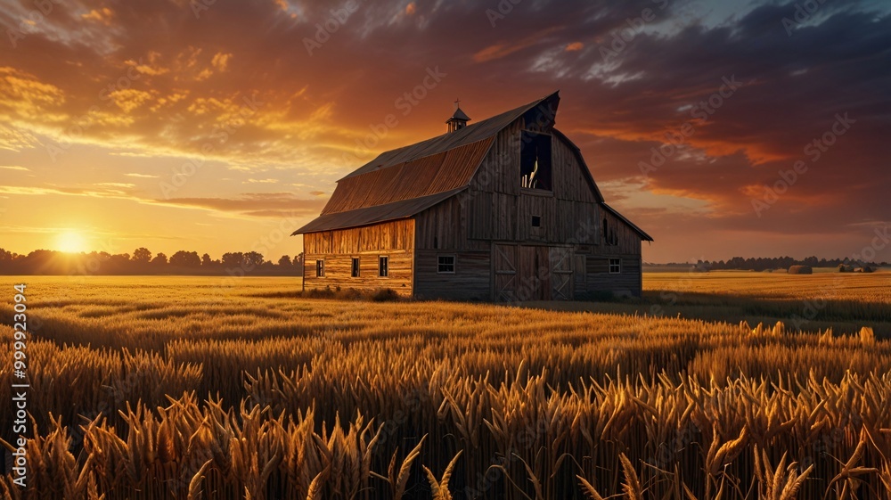 Rustic Barn in a Field of Golden Wheat at Sunset, farmer, rice straw, wooden house. Rustic Barn in a Field of Golden Wheat at Sunset, farmer, rice straw, wooden house.