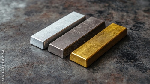 bronze bar, silver bar, and gold bar. copy space 