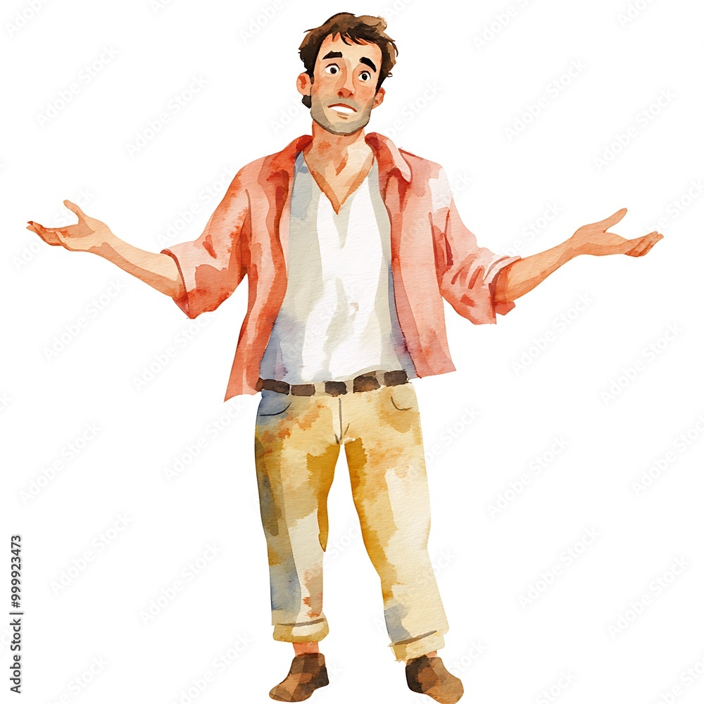 A watercolor illustration of a man with a surprised expression, looking upward with his arms outstretched.