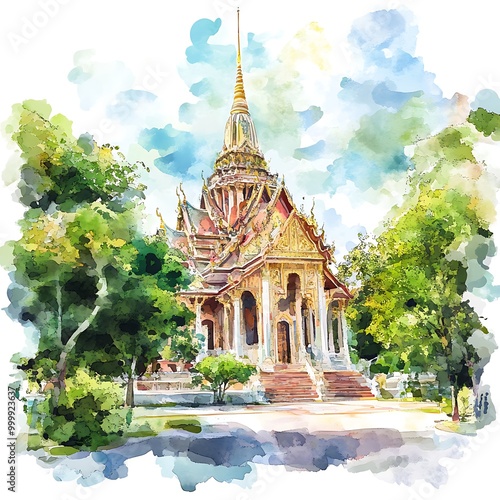 Watercolor Painting of a Traditional Thai Temple.