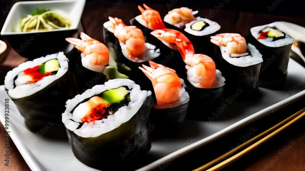 Delicious sushi feast with shrimp and avocado ready to be savored Delicious sushi feast with shrimp and avocado ready to be savored