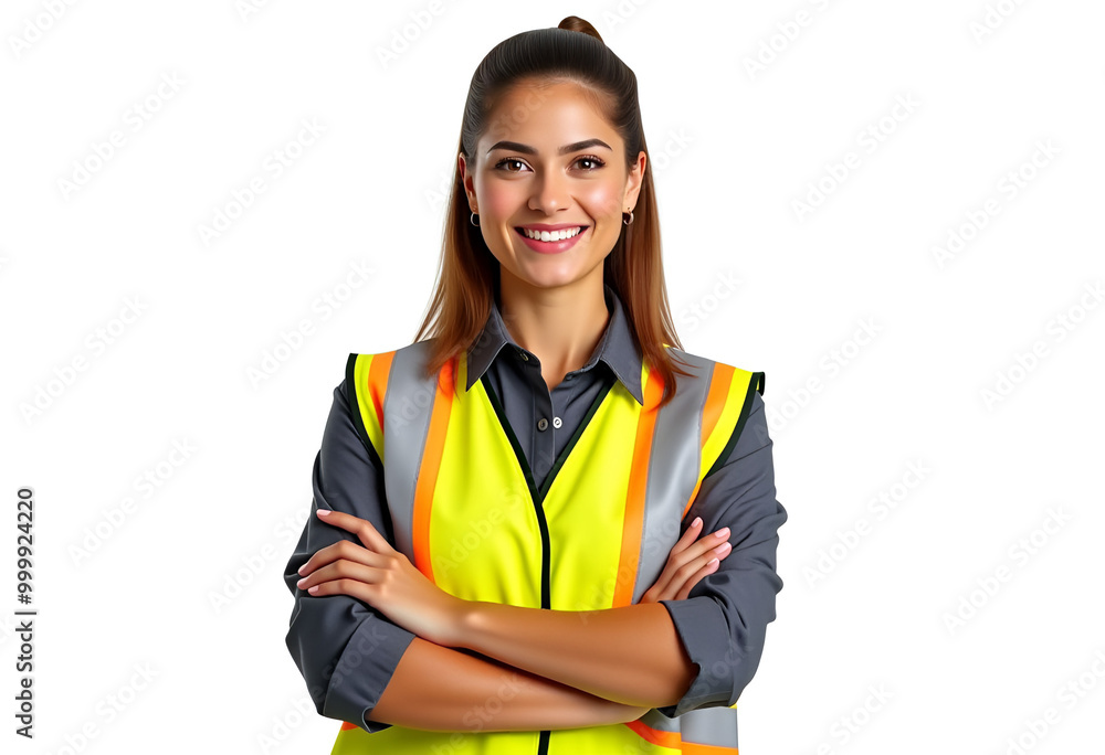 Set of Smiling Woman with Crossed Arms Wearing Reflective Safety Vest on White Set of Smiling Woman with Crossed Arms Wearing Reflective Safety Vest on White