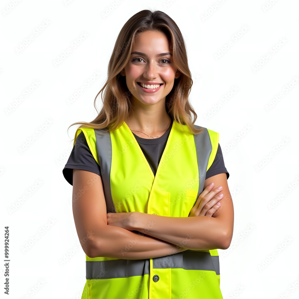 Professional Woman in Reflective Safety Vest Smiling with Crossed Arms on White Professional Woman in Reflective Safety Vest Smiling with Crossed Arms on White