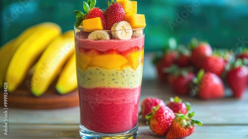 A vibrant fruit smoothie in a glass, filled with layers of colorful fruits like strawberries, bananas, and mangoes, set on a bright wooden table. photo