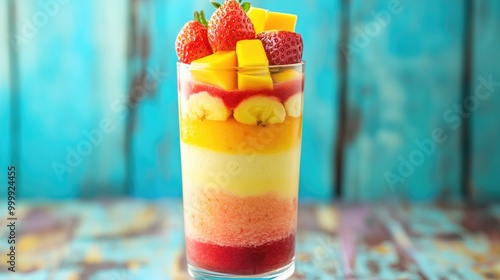 A vibrant fruit smoothie in a glass, filled with layers of colorful fruits like strawberries, bananas, and mangoes, set on a bright wooden table. photo