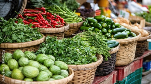 A vibrant market scene with a variety of fresh herbs, vegetables, and spices commonly used in Vietnamese cooking, emphasizing the importance of fresh ingredients
