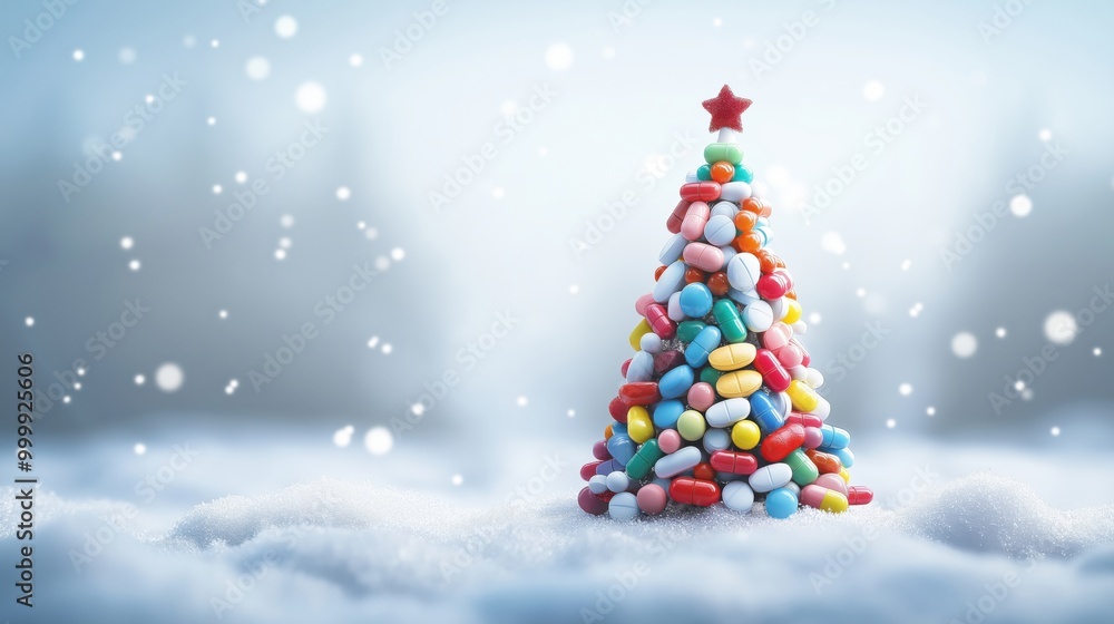 Christmas tree made of colorful pills in winter setting Christmas tree made of colorful pills in winter setting