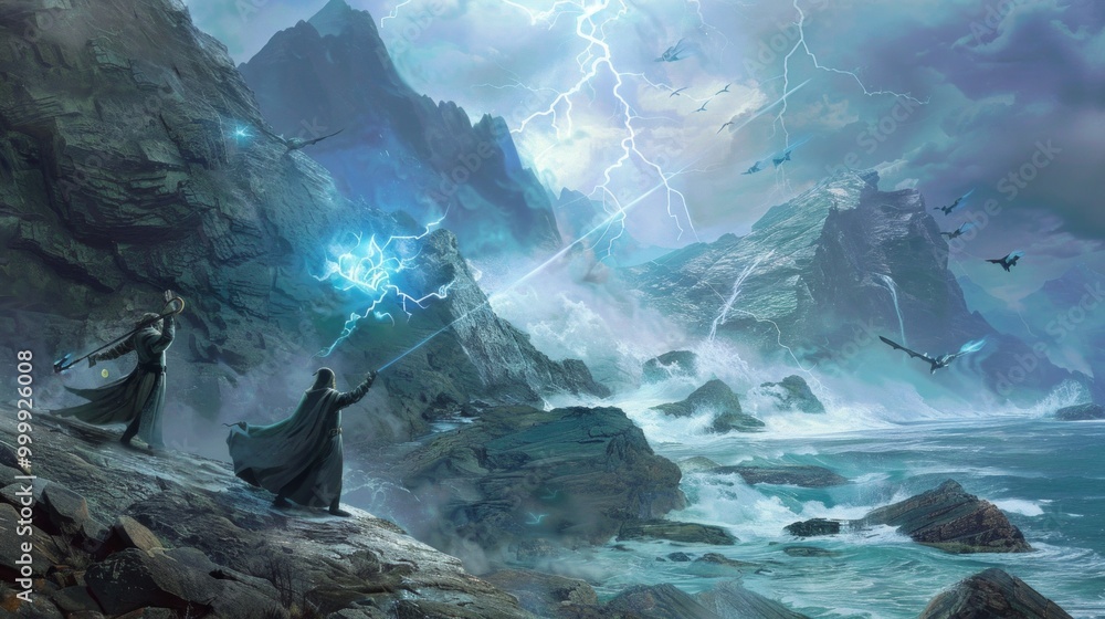 Visualize a grand wizard's duel taking place on a rocky cliff overlooking a stormy sea. Visualize a grand wizard's duel taking place on a rocky cliff overlooking a stormy sea.