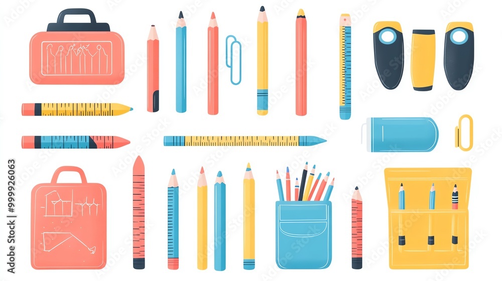 A colorful set of school supplies including crayons, rulers, and a pencil case, in flat style on a white background, School Tools, Playful and bright A colorful set of school supplies including crayons, rulers, and a pencil case, in flat style on a white background, School Tools, Playful and bright