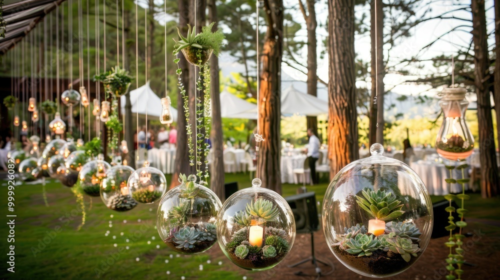 Fototapeta premium A group of hanging glass terrariums filled with succulents and candles
