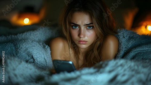 Woman Looks at Phone in Bed...