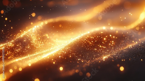 Abstract Gold Glitter Waves with Glowing Bokeh Lights and a Dark Background