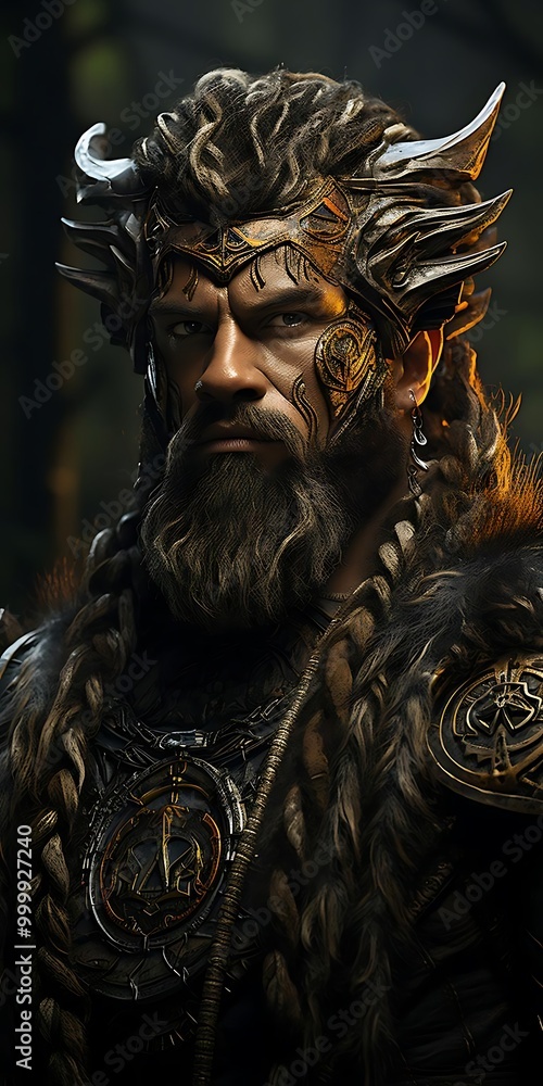 A fierce warrior with intricate armor and a majestic headdress, set in a forest backdrop. A fierce warrior with intricate armor and a majestic headdress, set in a forest backdrop.