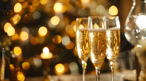 Glasses of champagne on a shiny, festive background