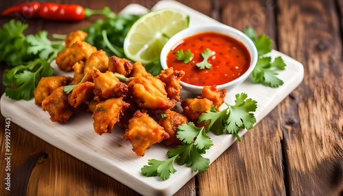 Chicken Pakora dish with sweet chilli sauce on white wooden board 