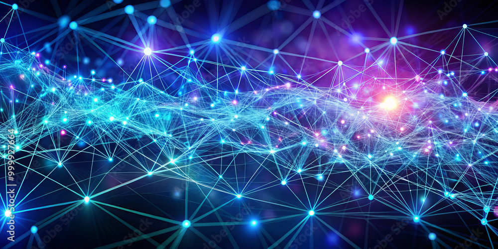 Futuristic neural network pulsating with vibrant blues and purples, showcasing interconnected nodes and glowing lines. This digital landscape evokes sense of advanced technology and innovation Futuristic neural network pulsating with vibrant blues and purples, showcasing interconnected nodes and glowing lines. This digital landscape evokes sense of advanced technology and innovation