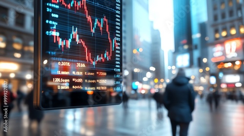 A city street with a digital stock market display showing various financial data and graphs in a modern urban setting.