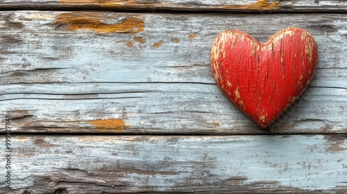 A weathered red heart sits on a rustic wooden surface, showcasing the beauty of simplicity and the enduring nature of love.