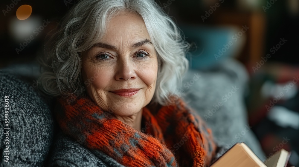 senior woman relaxing with book at home looking at camera senior woman relaxing with book at home looking at camera