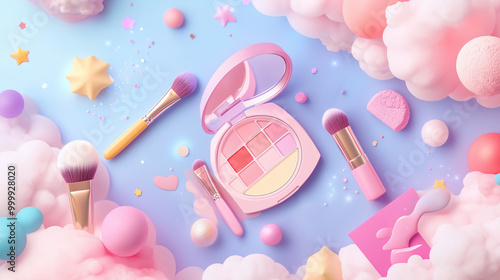 Playful pastel makeup arrangement with fluffy clouds and stars photo