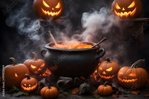 A witch's cauldron surrounded by pumpkins with magical smoke and floating spirits, Ai Generated photo