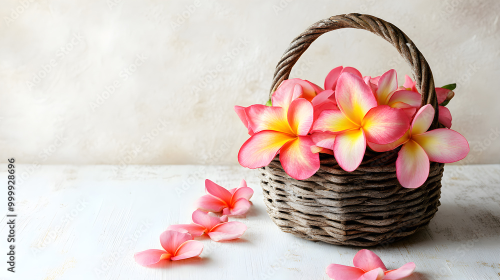 A flower basket on a white background with beautiful blooming flowers inside and a few flowers outside the basket. A flower basket on a white background with beautiful blooming flowers inside and a few flowers outside the basket.